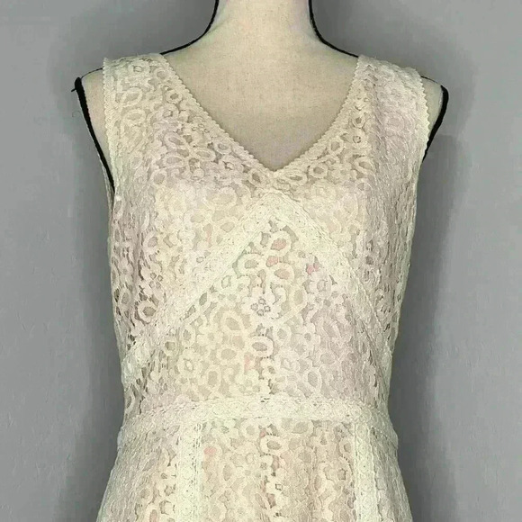 Ann Taylor Cream Lace Sleeveless Light Pink Underlay Lining Sleeveless Dress 10 - Picture 4 of 7